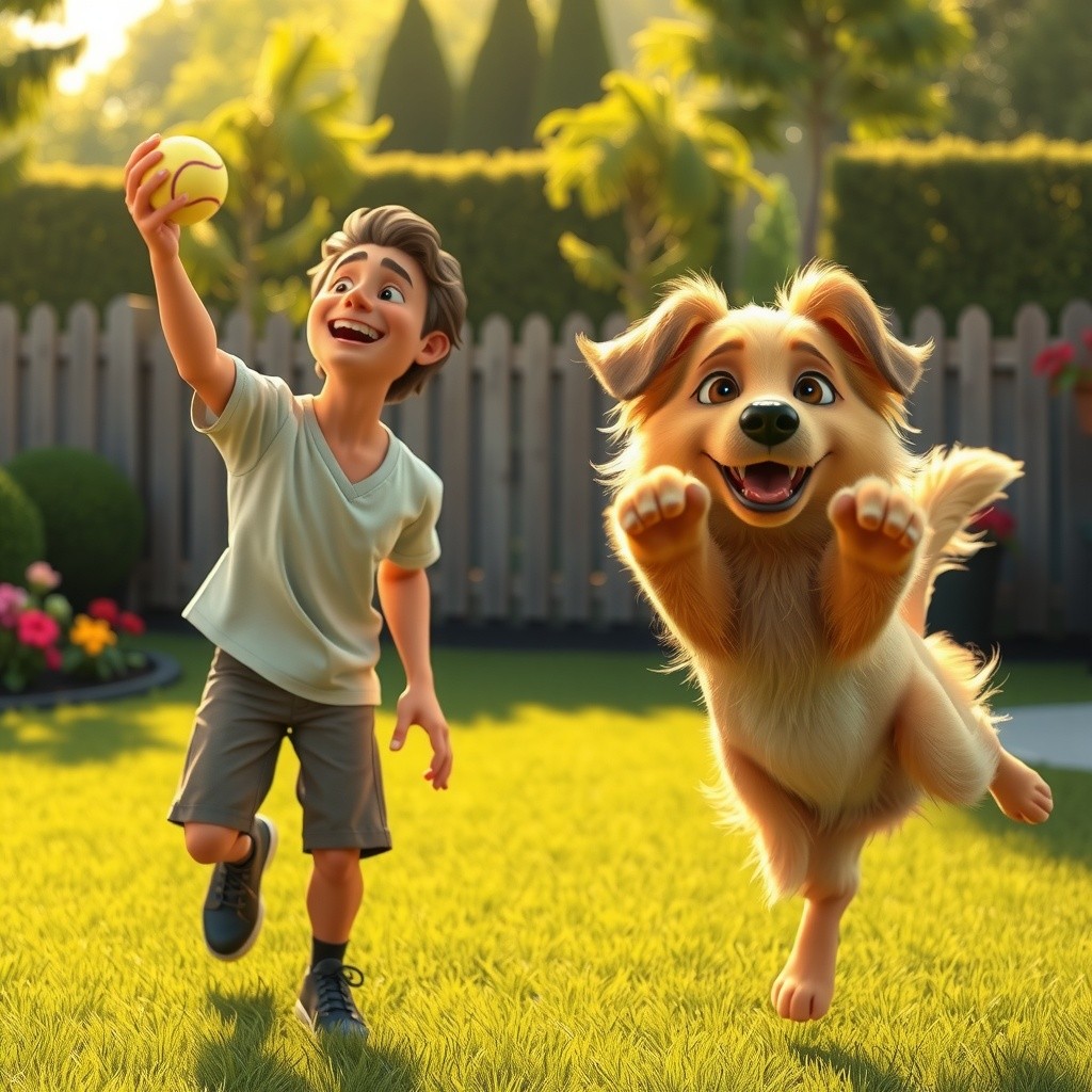 3D Cartoon Child and Dog Playing in the Backyard