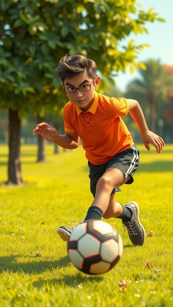 3D Cartoon: Child Playing Football with Cat Background