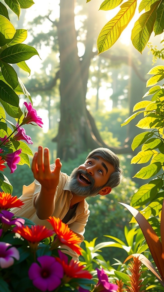 Kid Plays with Lion in Jungle