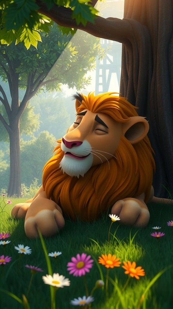 Peaceful Jungle Dream: A 3D Lion's Retreat