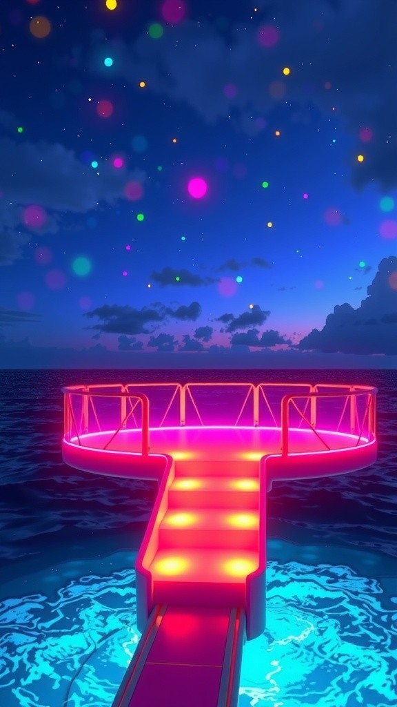 Neon Cube Monster Dance Party on Ocean Platform
