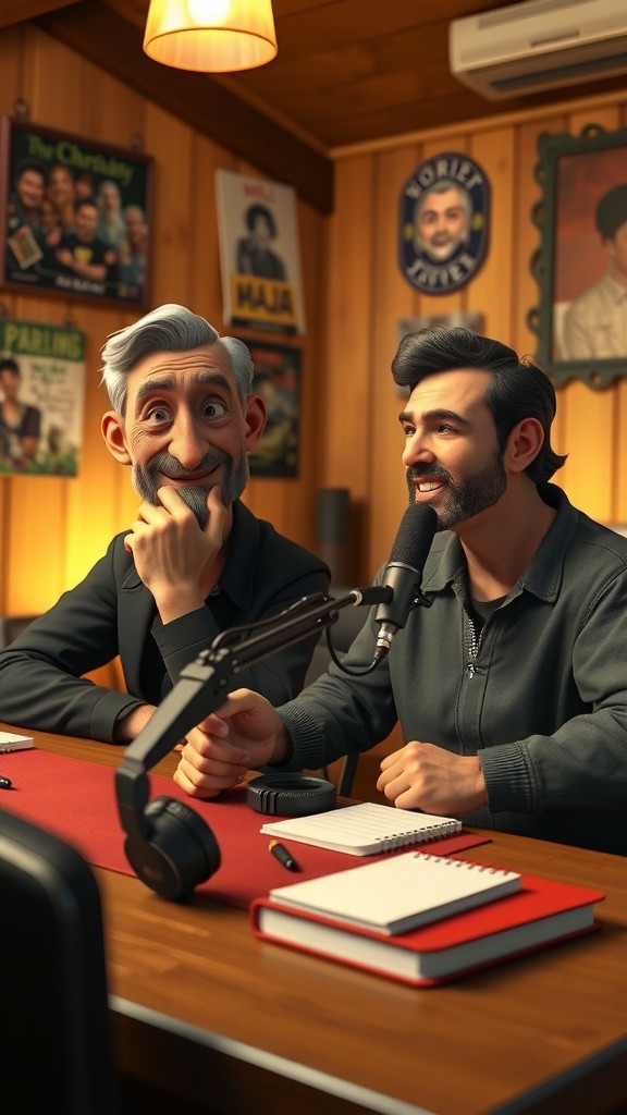 دو لڑکے کیبن میں پوڈکاسٹ کر رہے ہیں