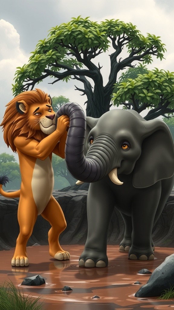 शेर की heroism: हाथी की मदद करना