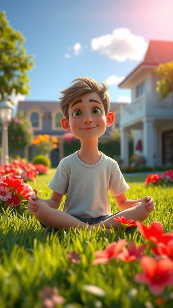 3D Cartoon Child and Dog Playing in the Backyard