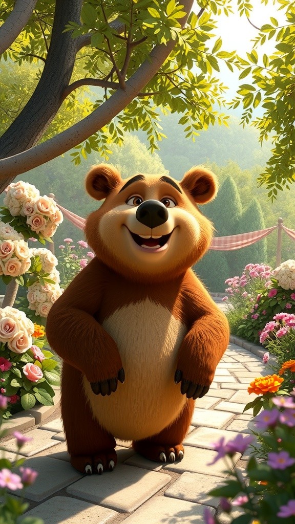 Bears on Bicycles in a Beautiful Garden