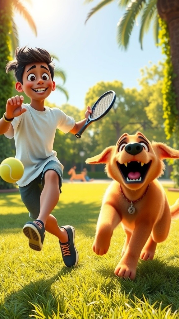 3D کارتونی بچے کا کتے کے ساتھ کھیلنا