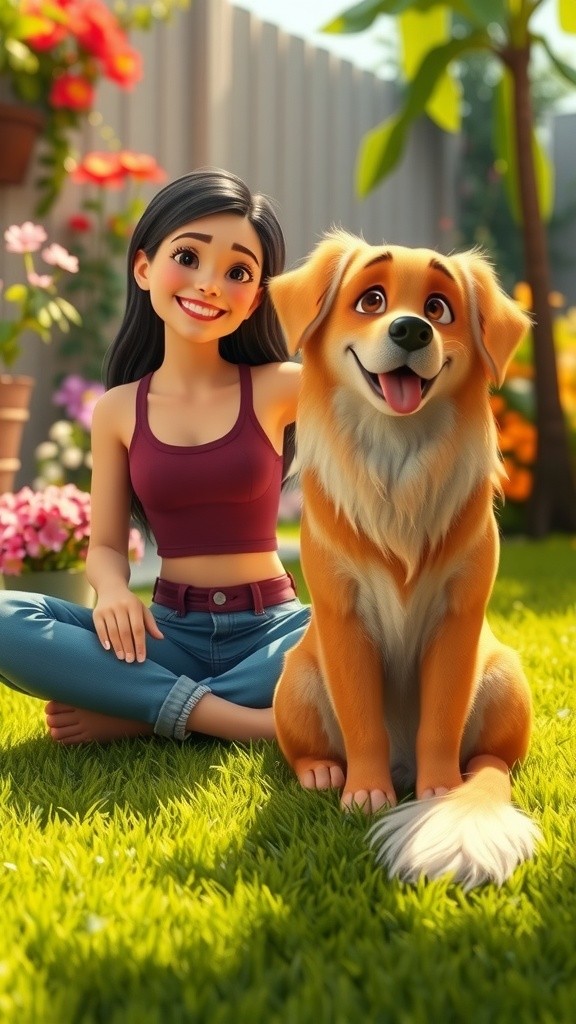 3D Cartoon Child Playing with a Dog in the Backyard
