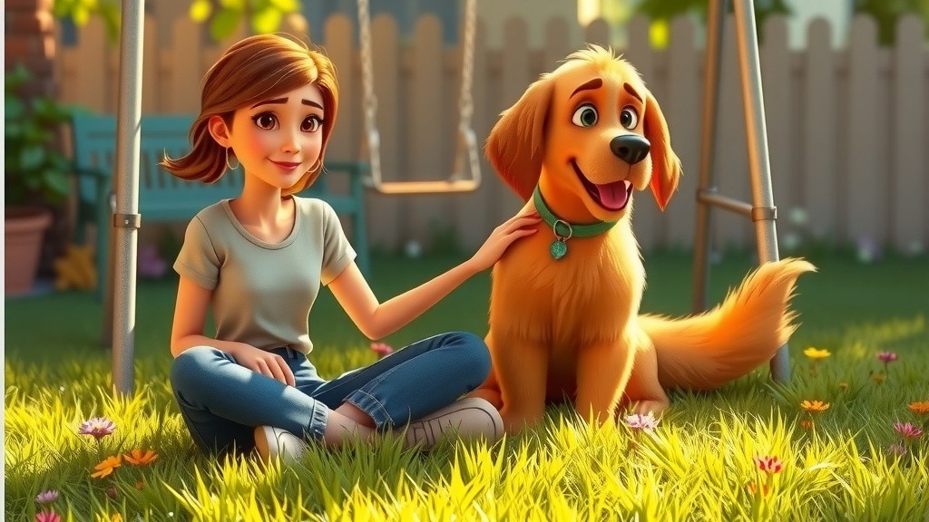 3D Cartoon Child and Dog Playing in the Backyard
