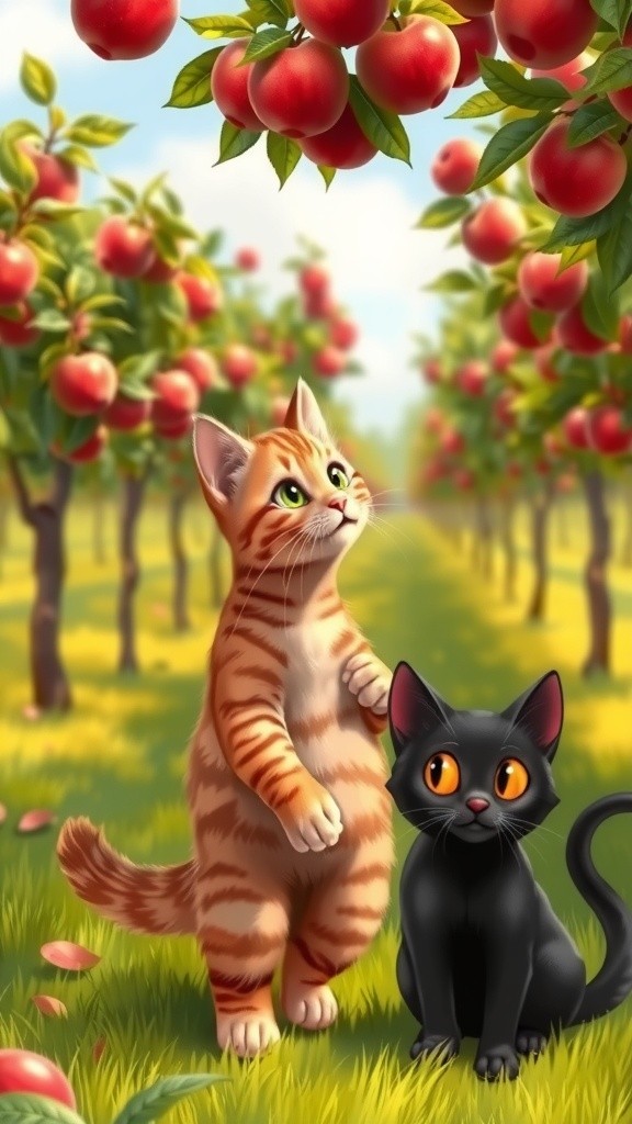 Kucing Kecil yang Bersemangat Memetik Apel di Kebun