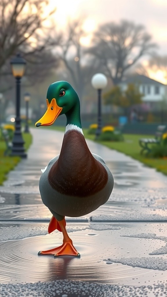 Cartoon Duck Walking in the Rain