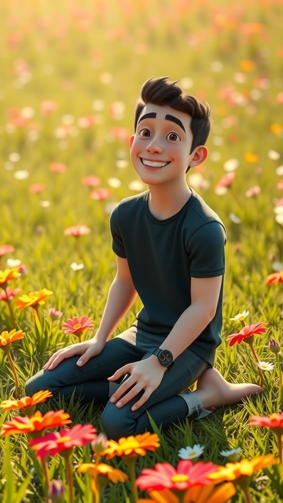 3D Cartoon Child Playing with Horse in Semi-Realistic Landscape