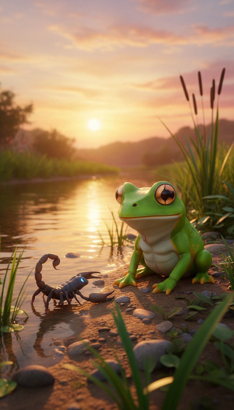 Scorpion Rides Frog Across River