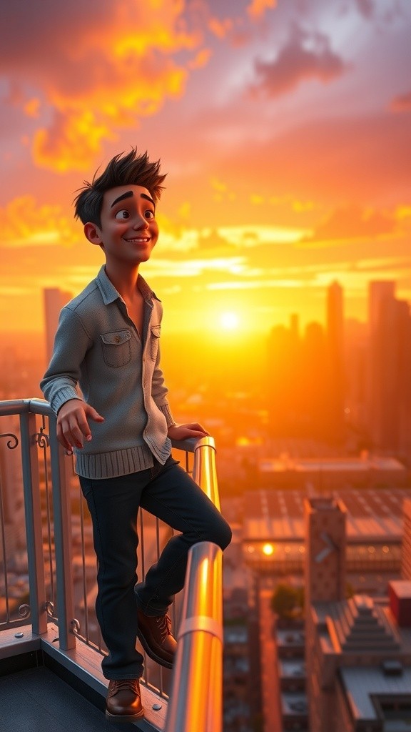 Joyful Flight: A 3D Cartoon Boy's Adventure in a Colorful Sunset City