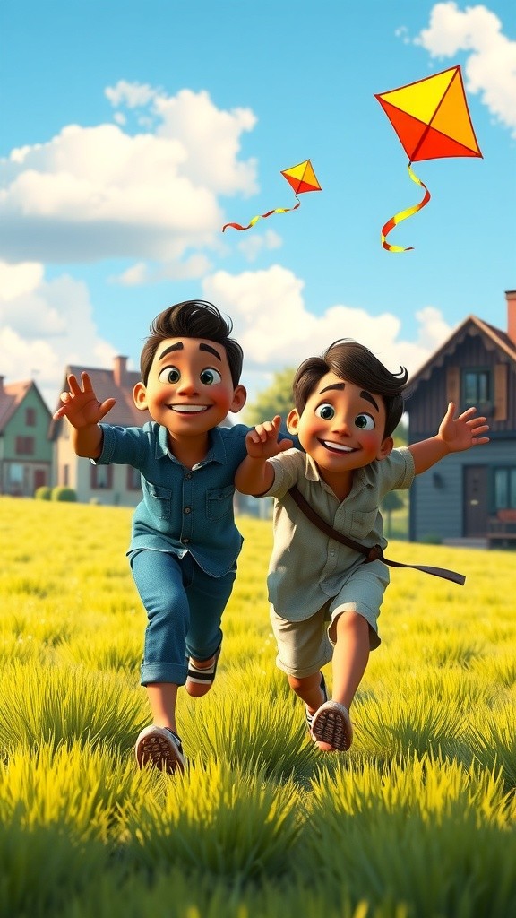 Keceriaan Anak Kembar Dengan Layangan di Bawah Langit Biru