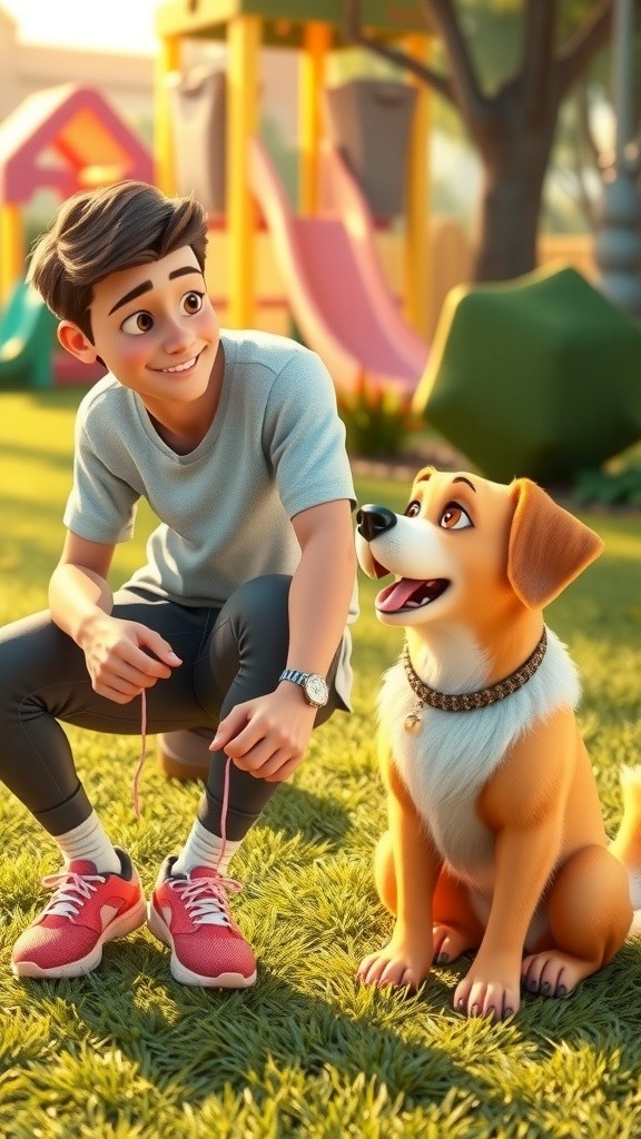 3D Cartoon Child Playing with Dog in Backyard
