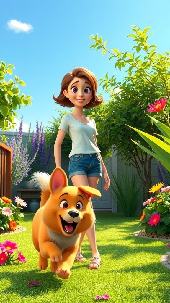 Child Playing with Dog in Backyard