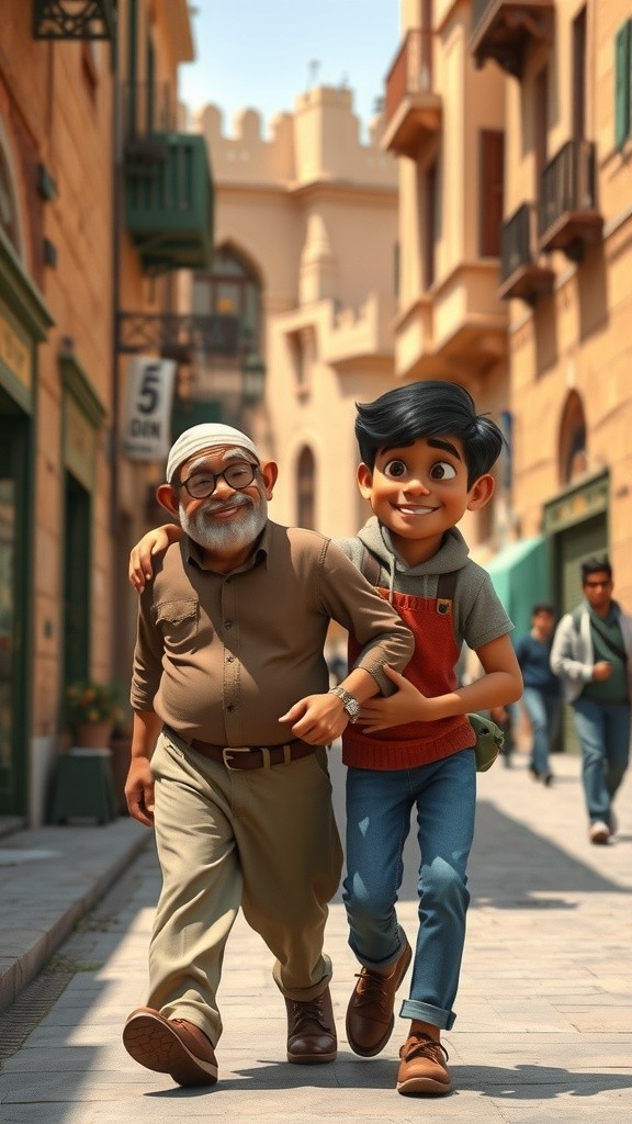 رجل وابنه يسيران في الشارع