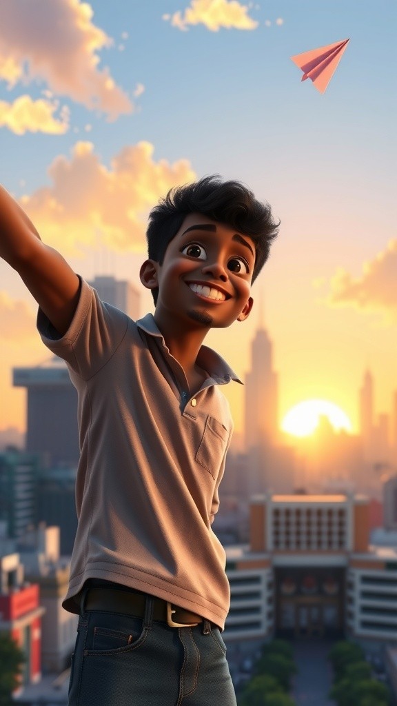 Skyward Adventure: A Boy's Journey on a Paper Airplane