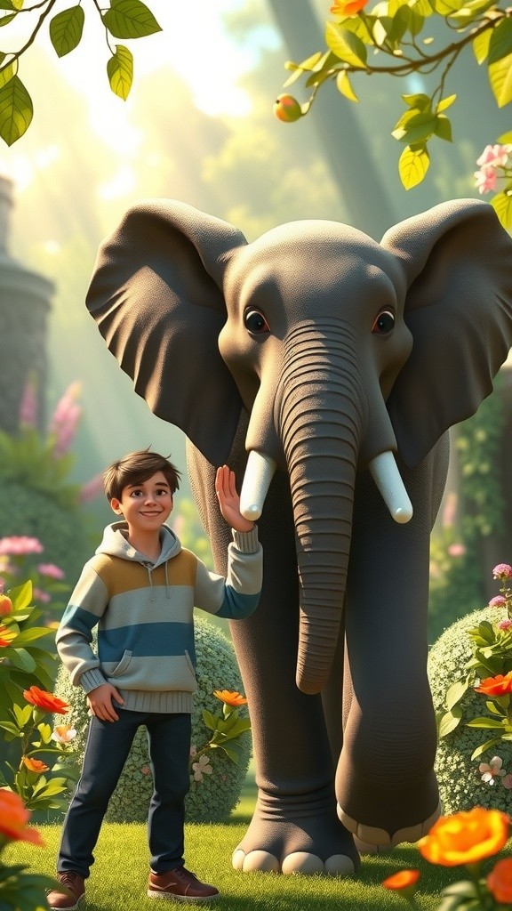 A Kid and Elephant Playing in the Garden