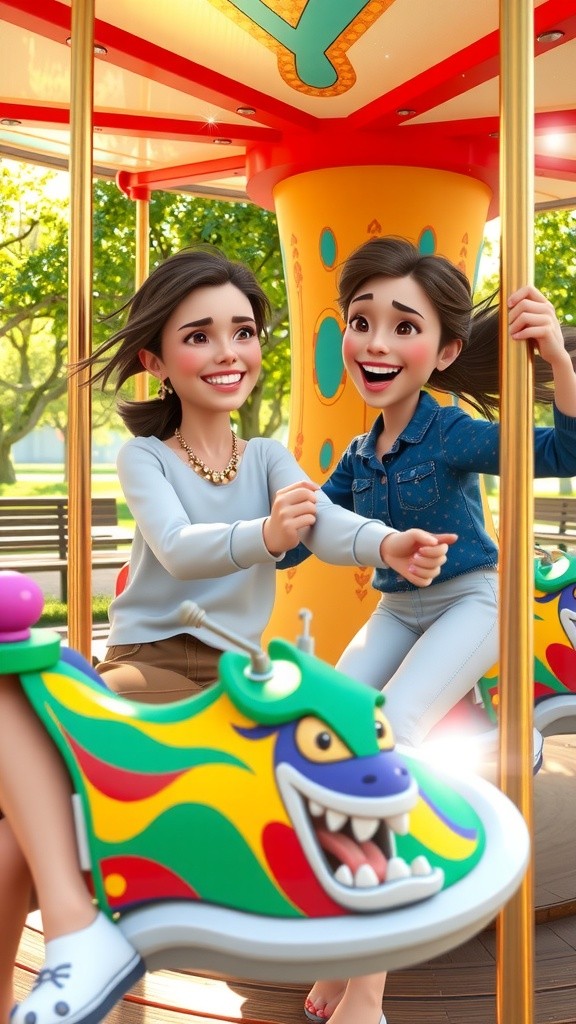 Cartoon Kids Enjoying the Merry-Go-Round