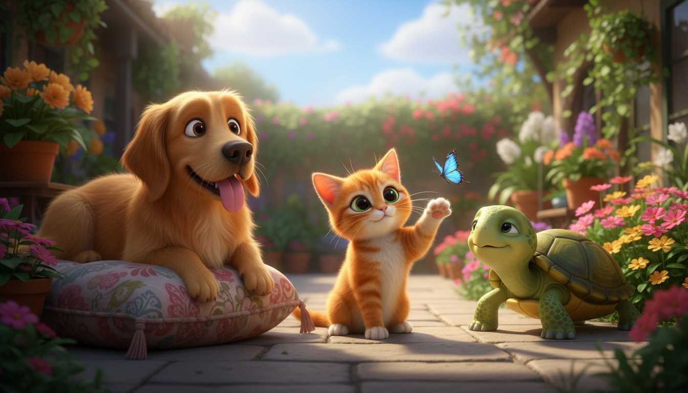 L'Amitié de la Cour : Chat, Chien et Tortue