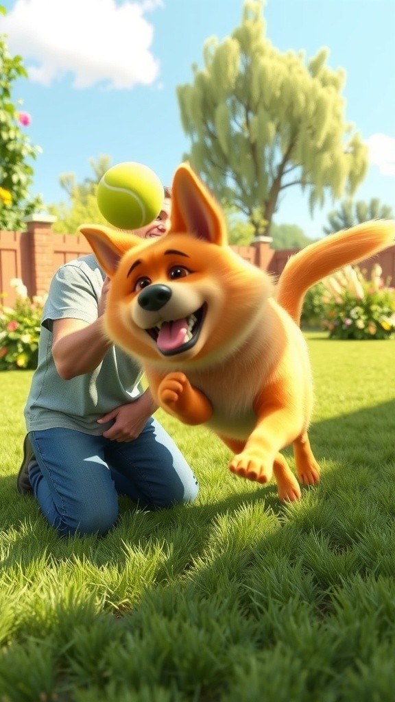 3D Cartoon Child and Dog Playing in Backyard