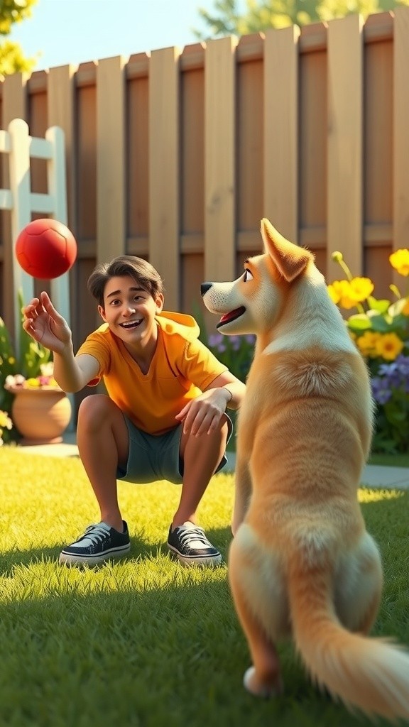3D Cartoon Child and Dog Playing in the Backyard