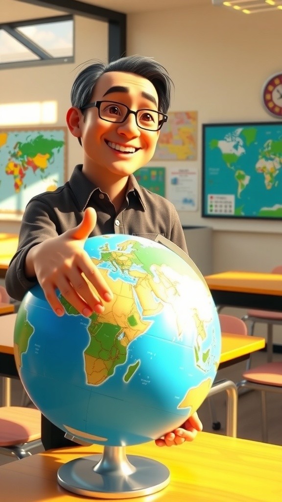 Udin Menunjukkan Benua Amerika di Globe