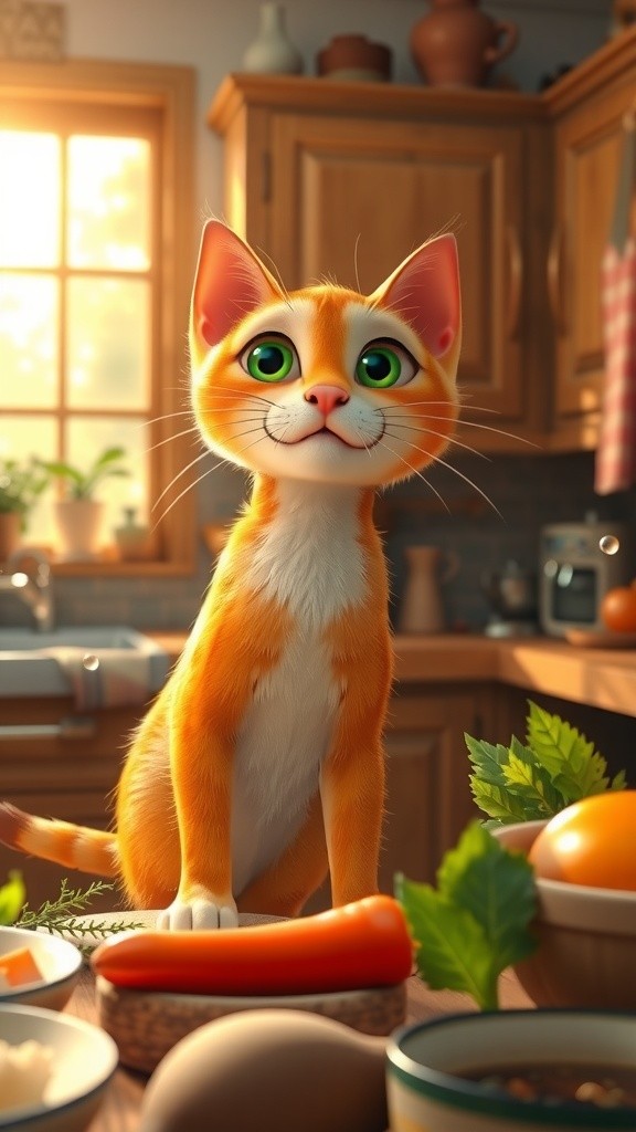 Cat Cutting Meat with Friends Arriving