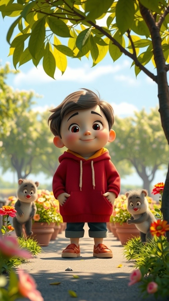 خوبصورت کارٹون منظر: نیلی ہُڈی والے لڑکے کا پارک میں کھیلنا