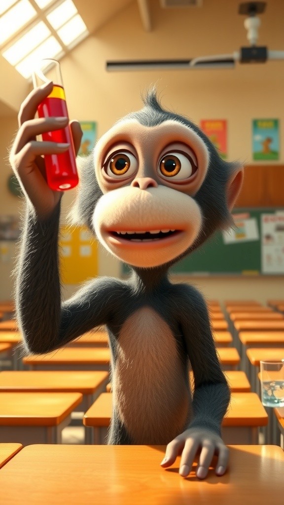 Excited Baby Monkey Scientist Explores Refraction in Water