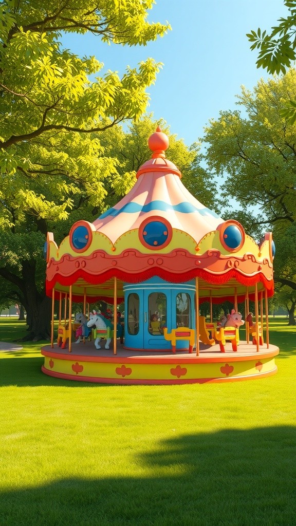 Cartoon Children Enjoying a Merry-Go-Round