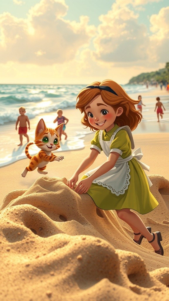 Petualangan Ceria Si Kecil dan Kucing Oren di Pantai