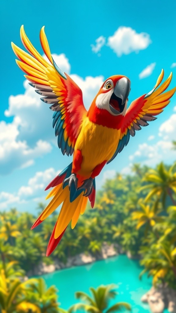 Cheerful Green Parrot in a Magical Sky