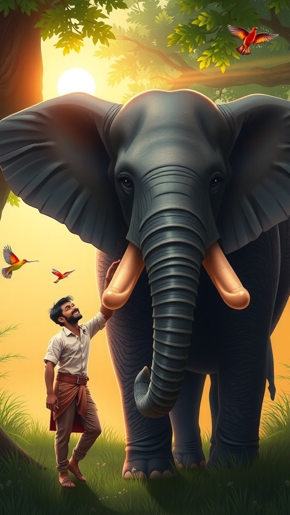 बच्चे का हाथी के साथ खेलना पार्क में