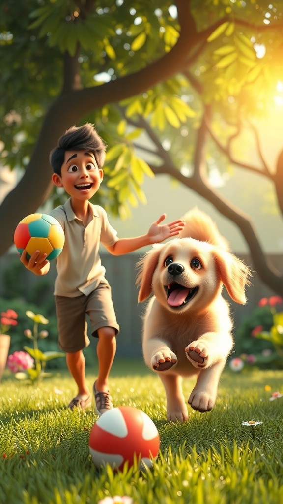 बच्चा और उसका कुत्ता: फुटबॉल खेलते हुए