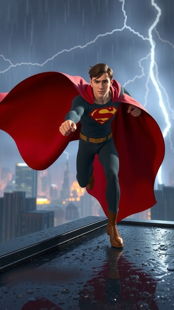 Heroic Rooftop Arrival: A 3D Superhero's Lightning Strike