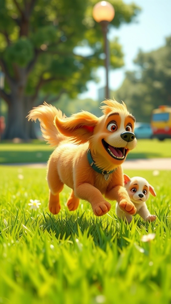 Puppies Playing Catch on the Lawn