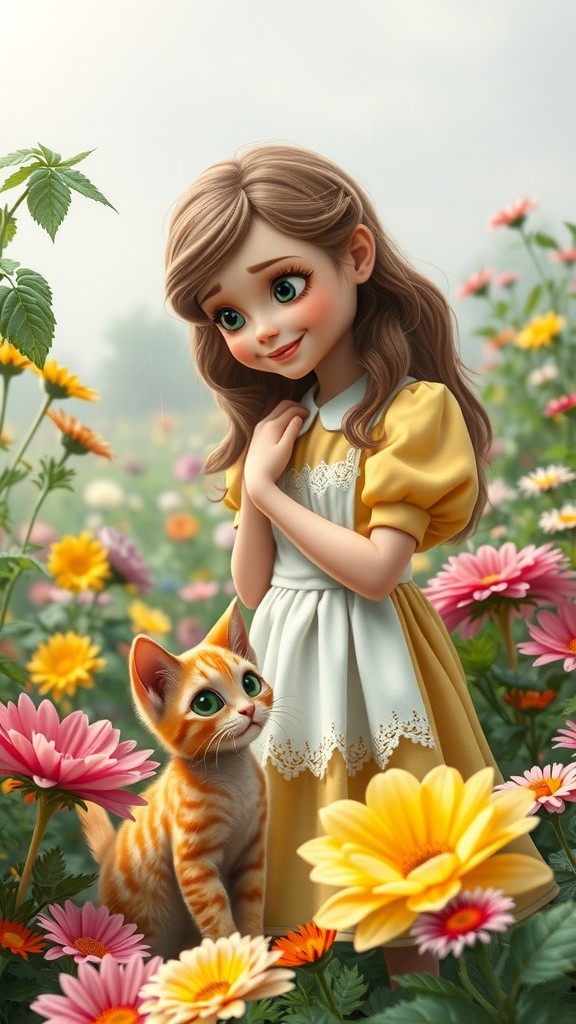 A Cat and Girl Enjoying a Rainy Day in the Garden