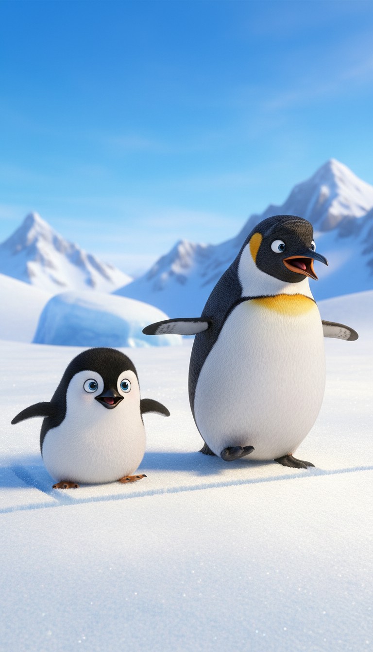 Carrera en la nieve entre Pingu y Pipa