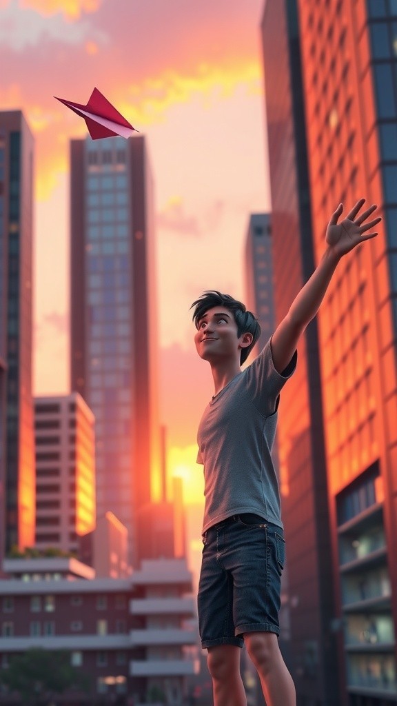 Adventures of a Cheerful Boy on a Paper Airplane in a Colorful Sunset City