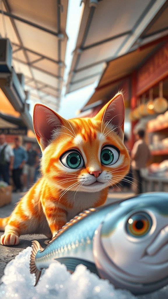 Whiskers' Fishy Escape: A Market Chase