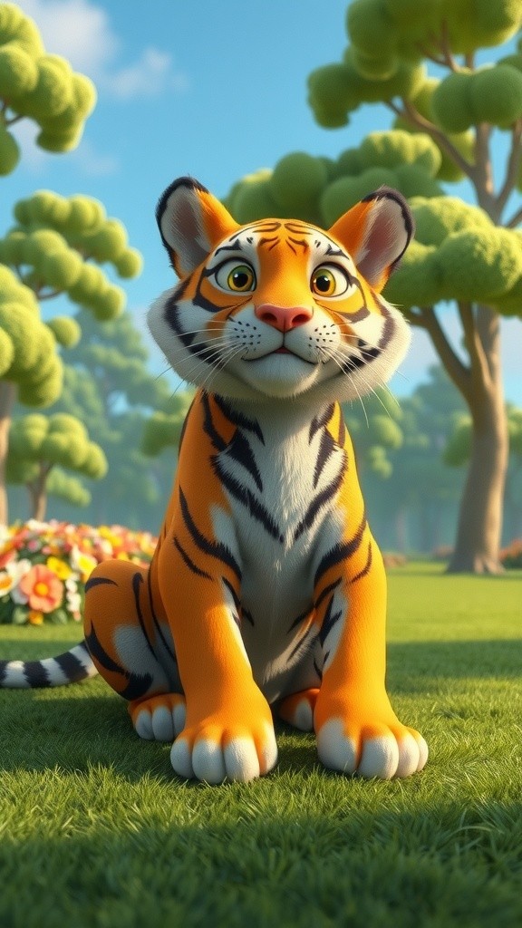 Happy Tiger and Smiling Monkey in the Colorful Park