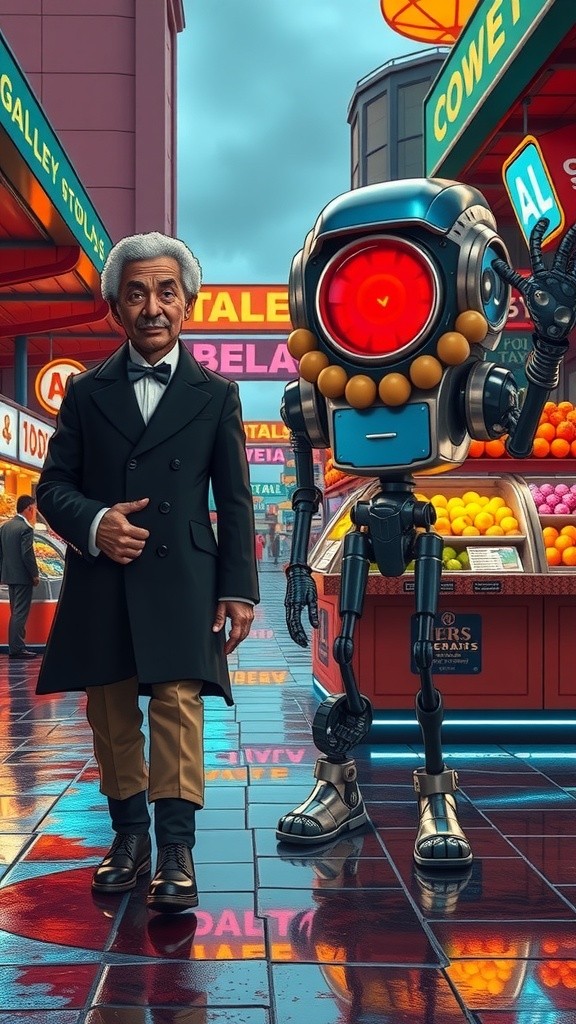 Penjelajah di Pasar Futuristik di Bawah Hujan Meteor