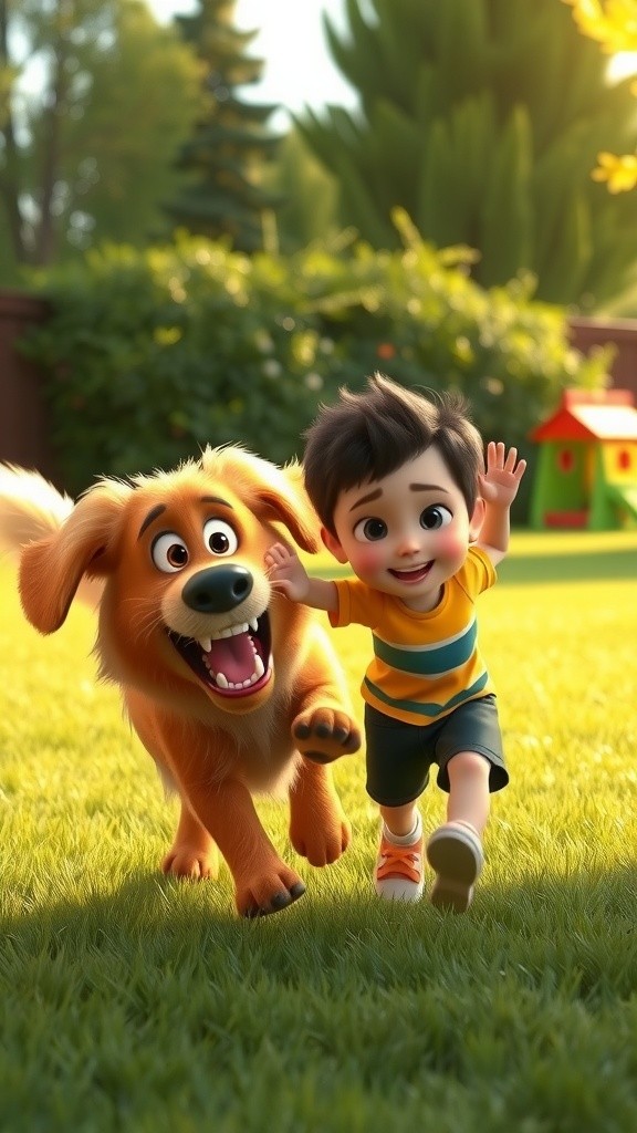 3D Cartoon Child and Dog Playing in Backyard