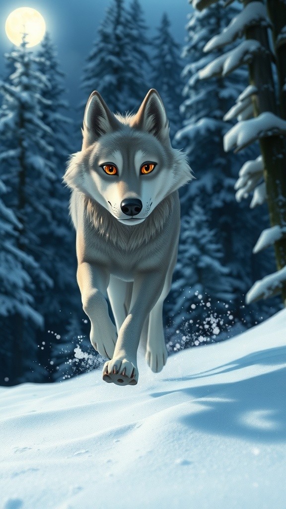 Moonlit Run: A Wolf's Journey Through Snowy Wilderness