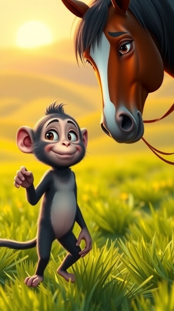 The Happy Farmer Monkey and His Two Horses