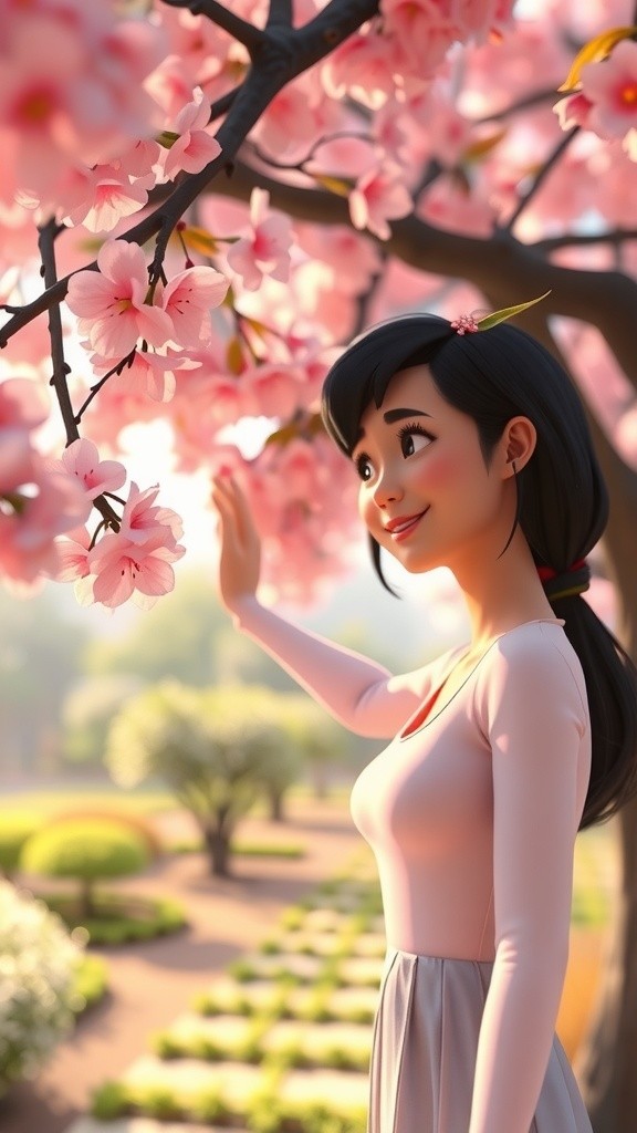 Happy Girl in Cherry Blossom Trees