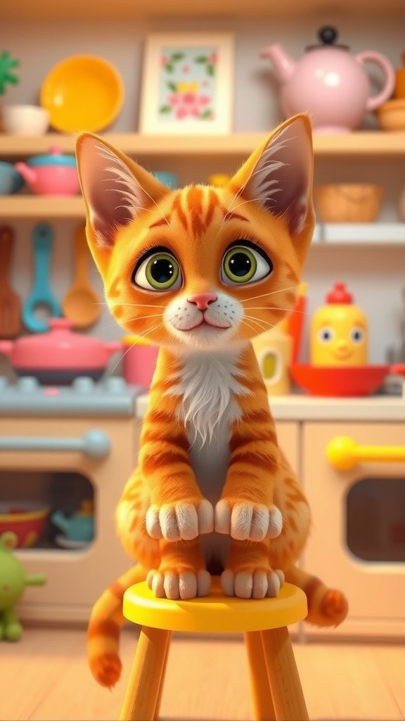 Kucing Mama Masak di Dapur Mini dengan Anak Kucing