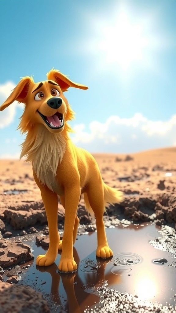 Dog Joyfully Jumping in Puddle